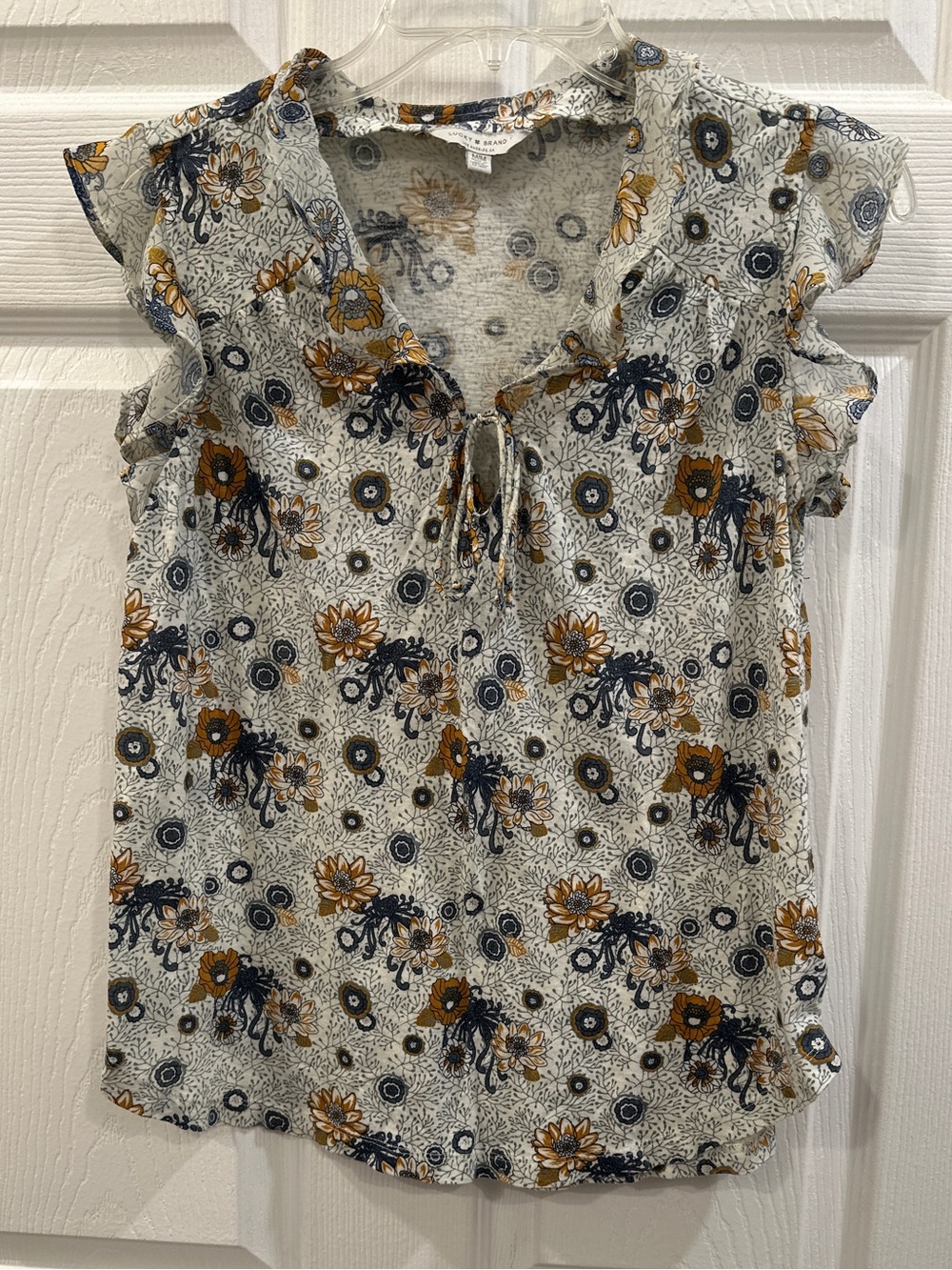 lucky brand floral tie front blouse ruffle sleeve size M EUC